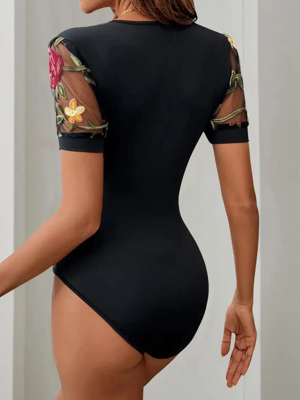 Embroidered V - Neck Floral Bodysuit - GlossiChic CollectionBodysuits