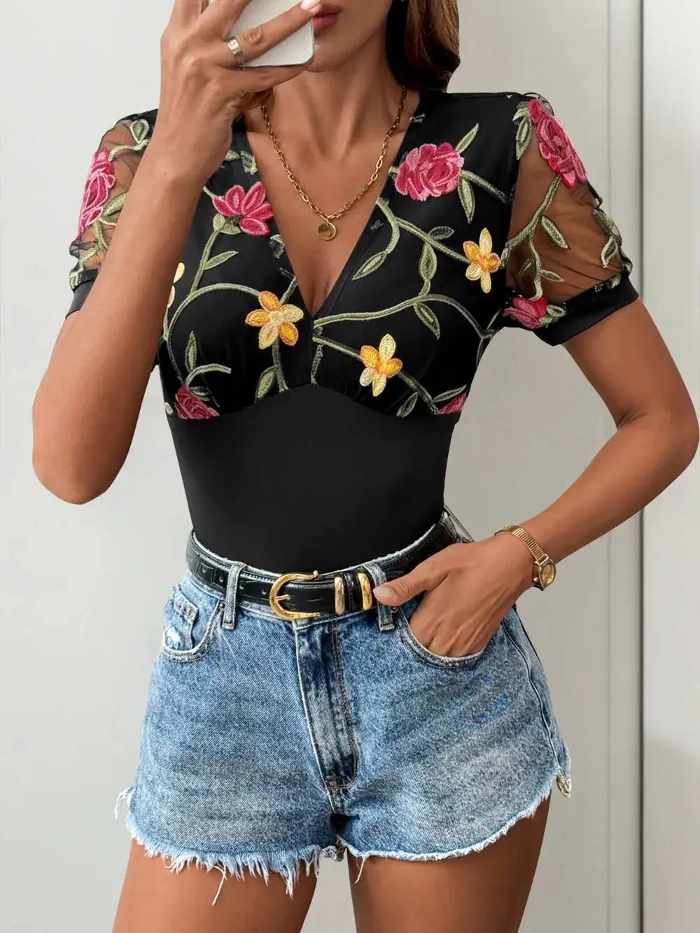 Embroidered V - Neck Floral Bodysuit - GlossiChic CollectionBodysuits