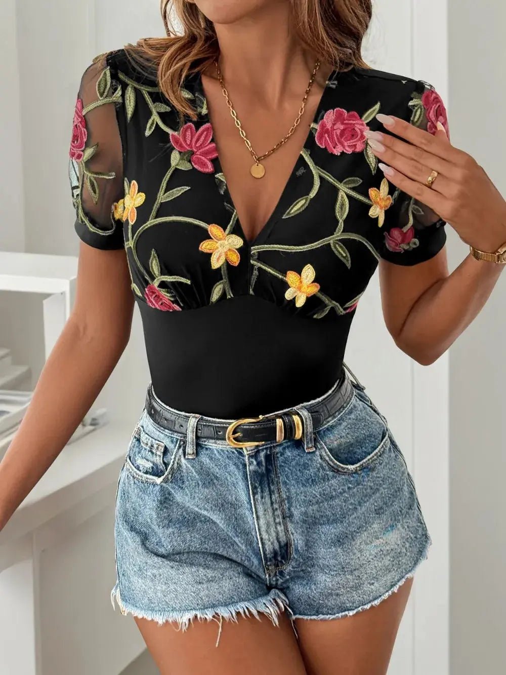 Embroidered V - Neck Floral Bodysuit - GlossiChic CollectionBodysuits