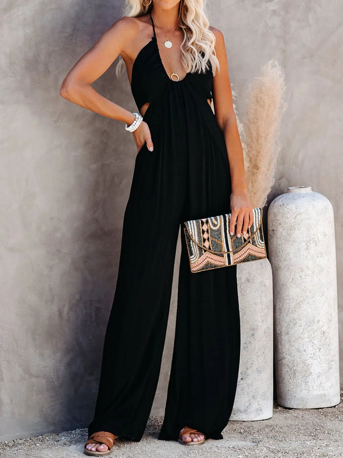 Halter Neck Wide Leg Jumpsuit Trendsi