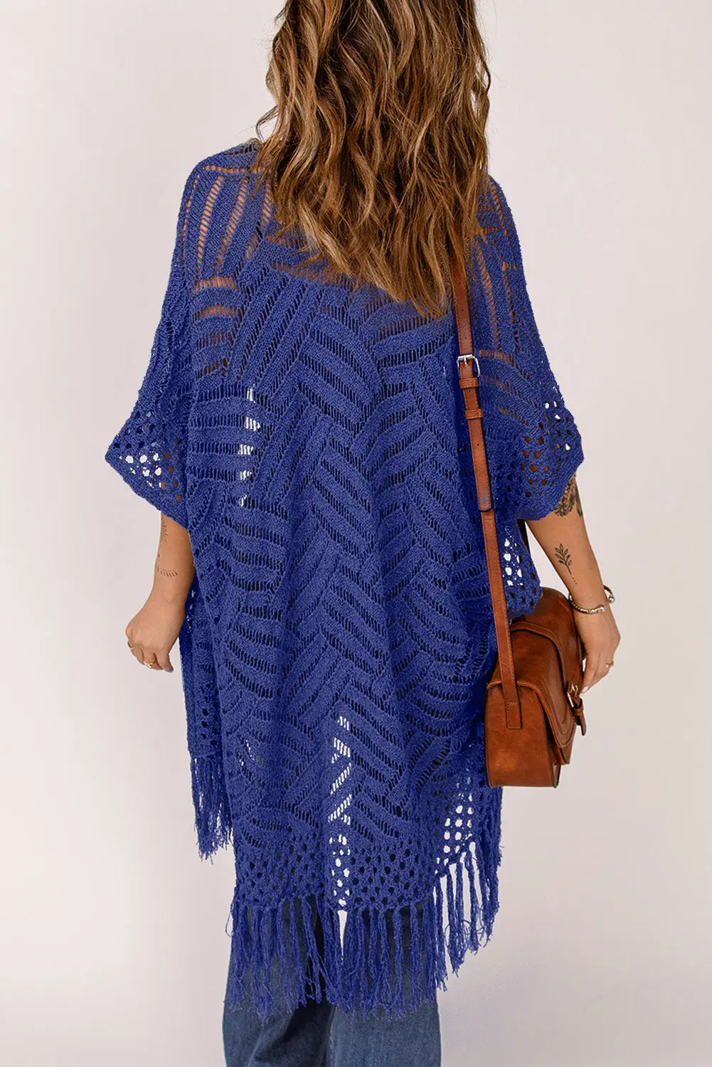 Openwork Open Front Cardigan with Fringes Trendsi