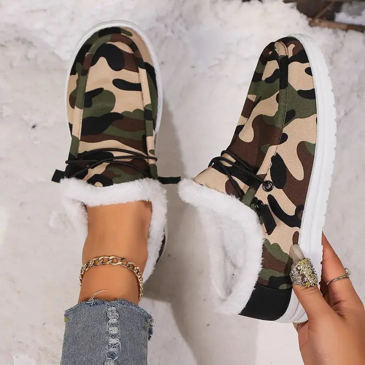 Fuzzy Camouflage Round Toe Boots Trendsi