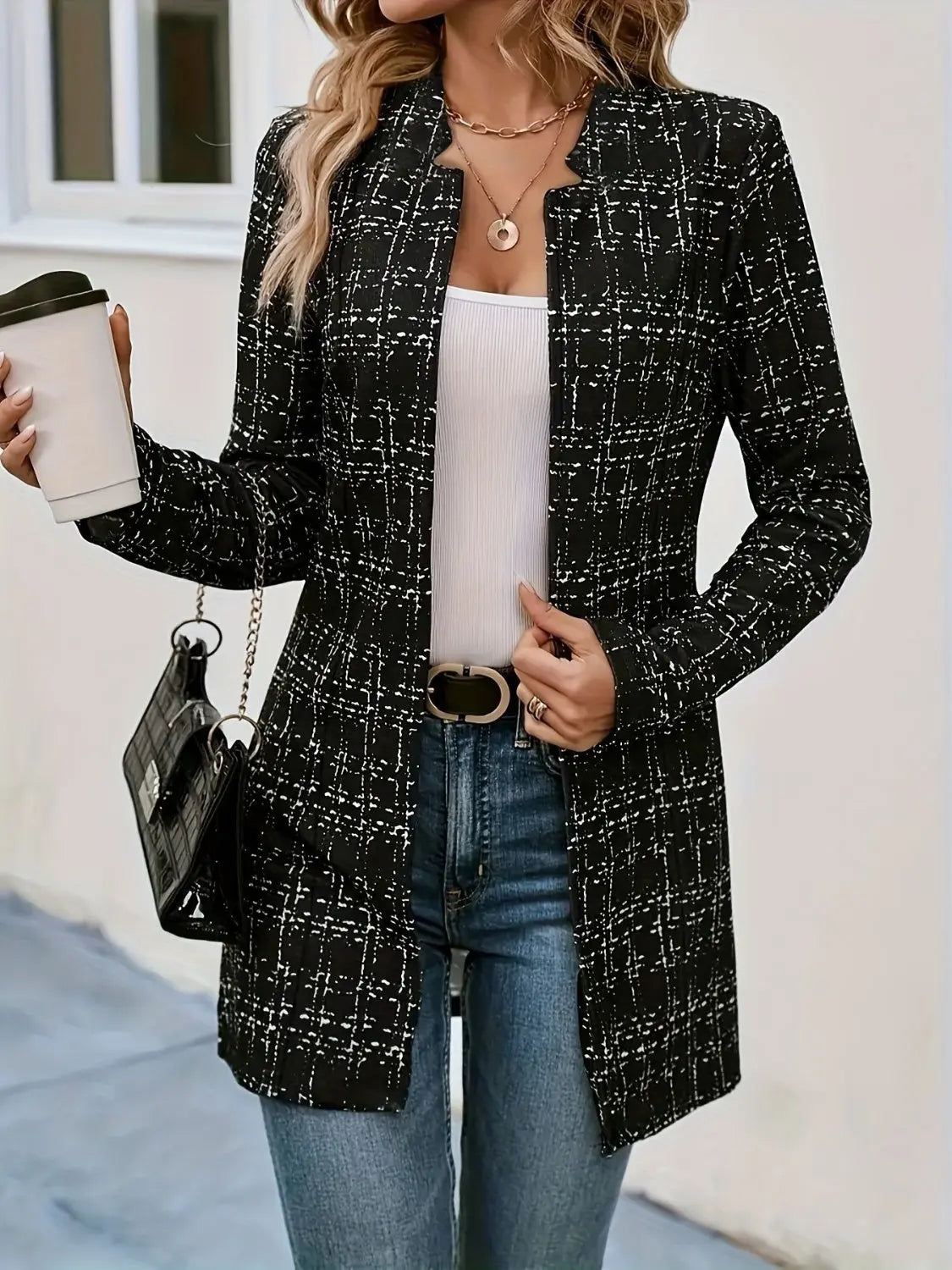 Plaid Open Front Long Sleeve Blazer GlossiChic Collection