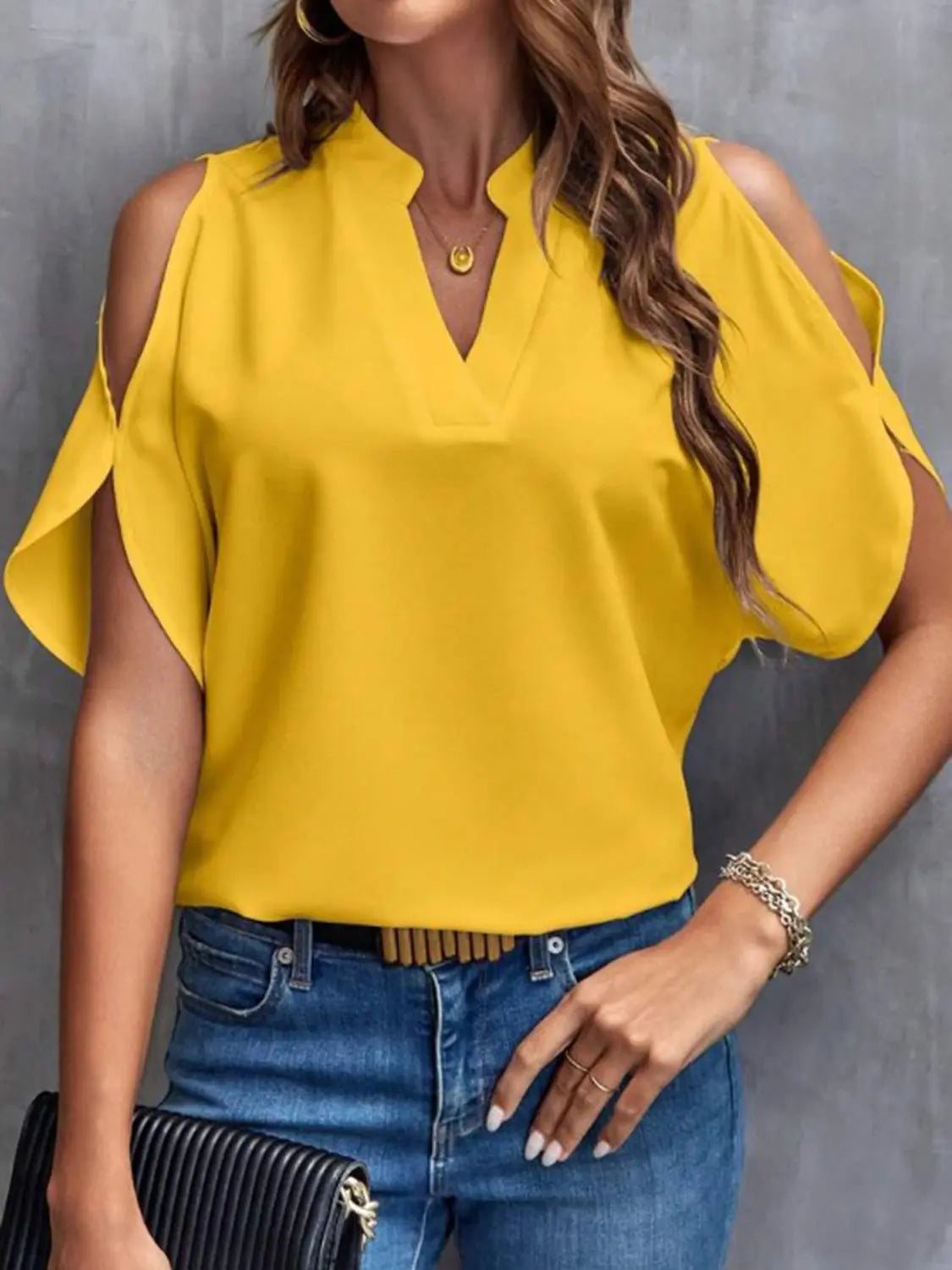 Notched Cold Shoulder Half Sleeve Blouse Trendsi