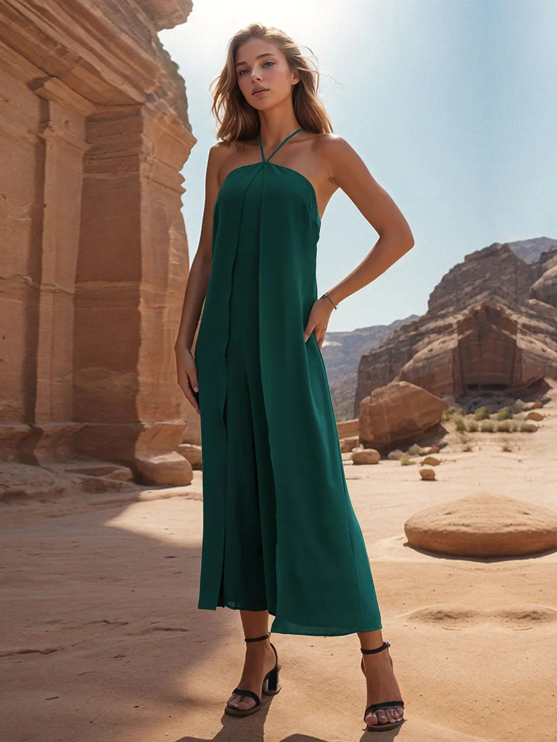 Layered Halter Neck Wide Leg Jumpsuit - GlossiChic Collection Green / S GlossiChic Collection Jumpers & Rompers