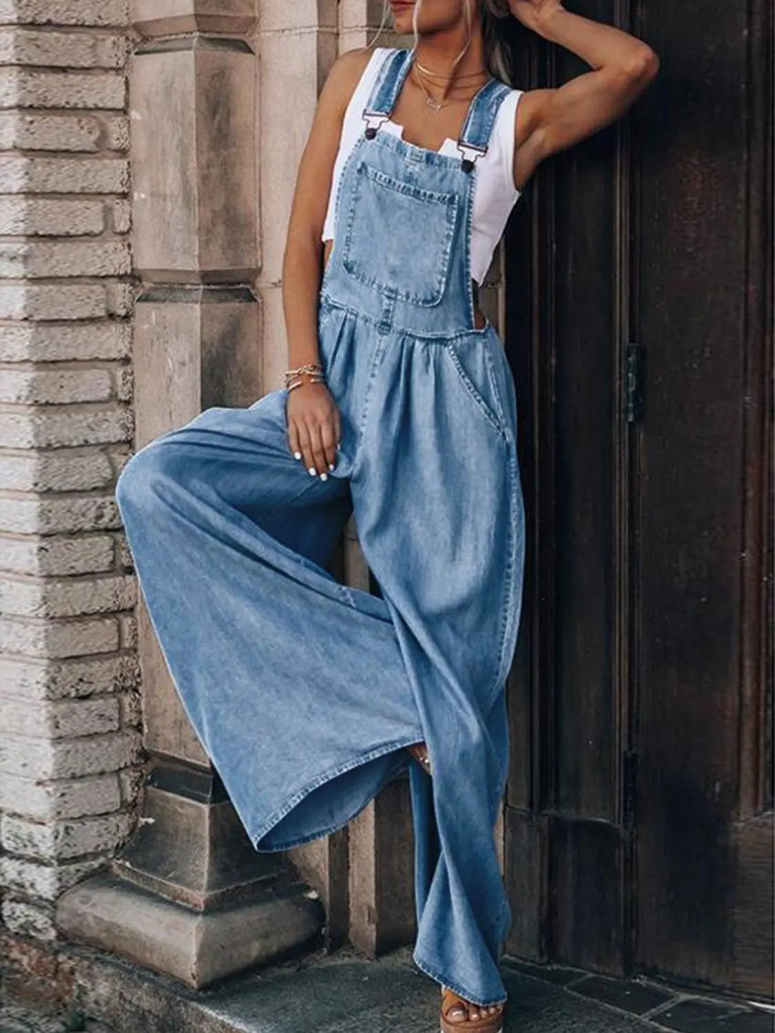 Wide Leg Denim Overalls Trendsi