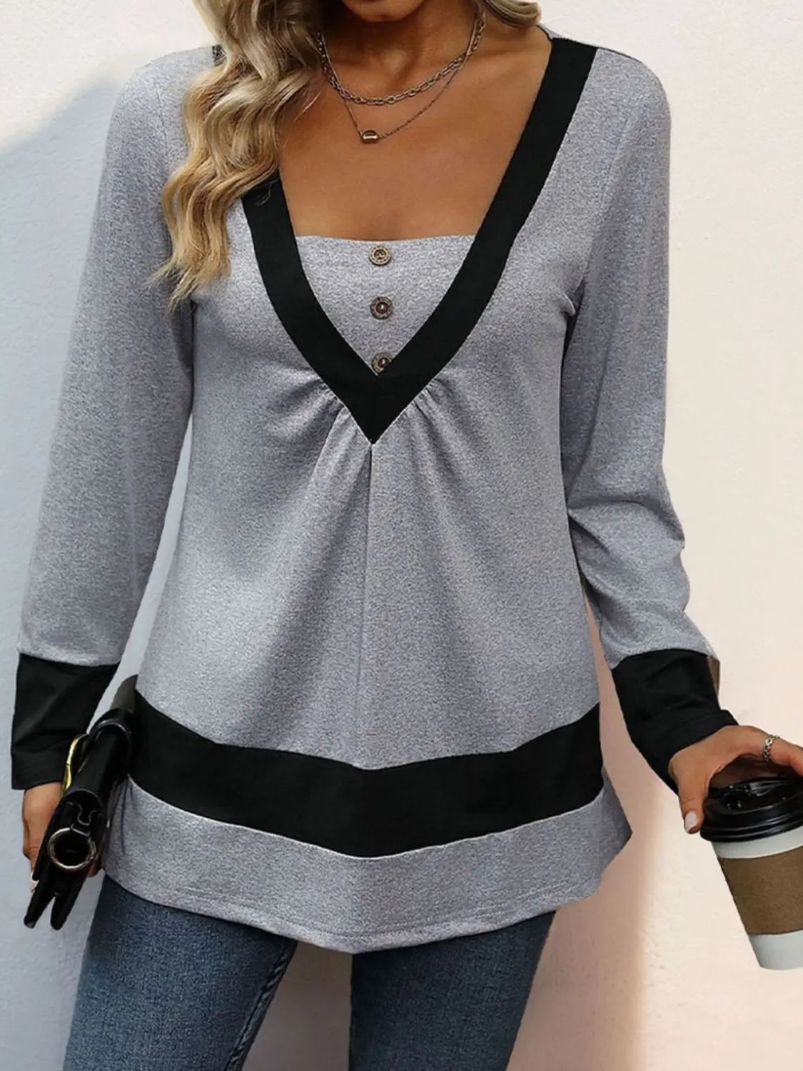 Perfee Contrast Long Sleeve T-Shirt Trendsi