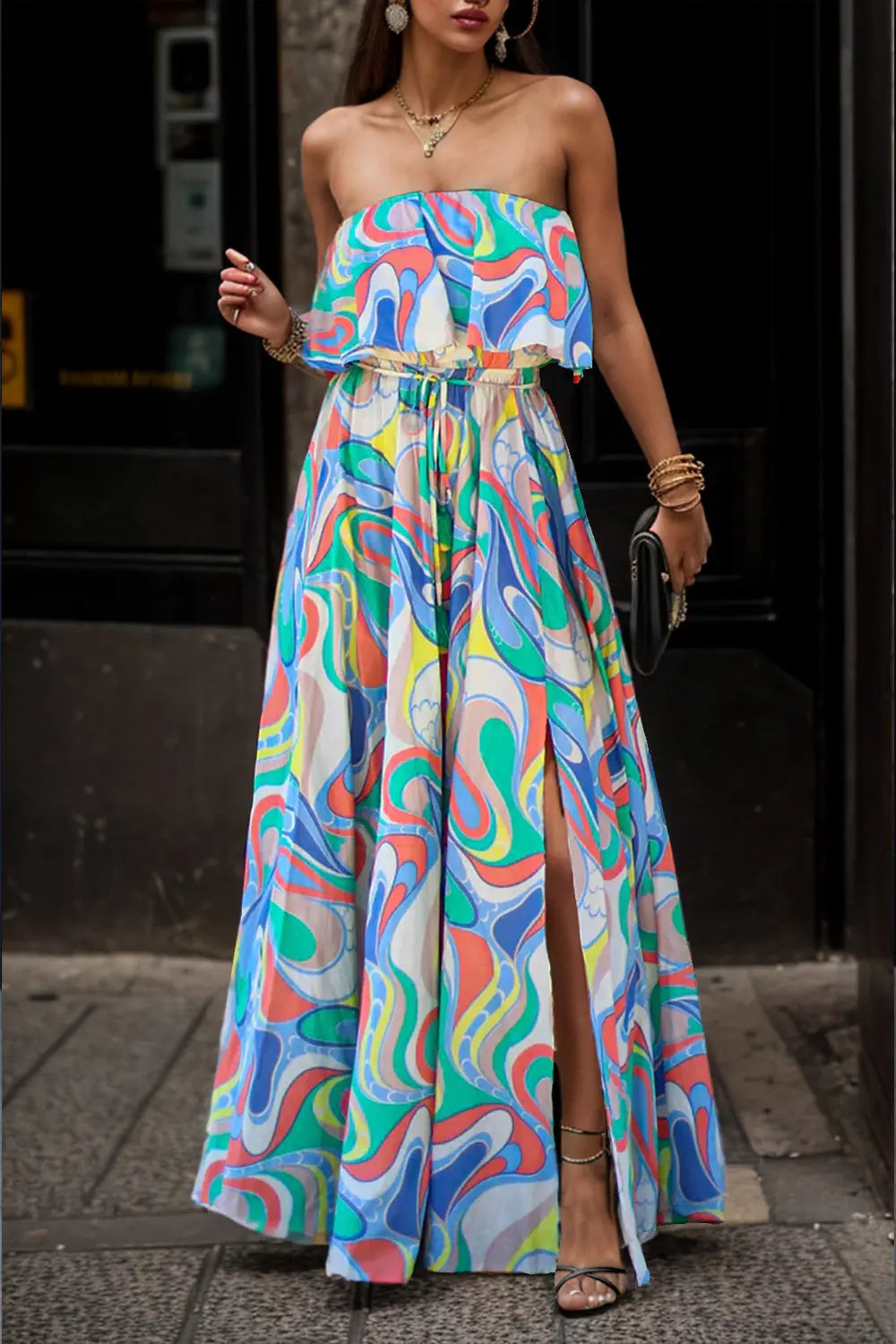 Slit Printed Tube Maxi Dress Trendsi