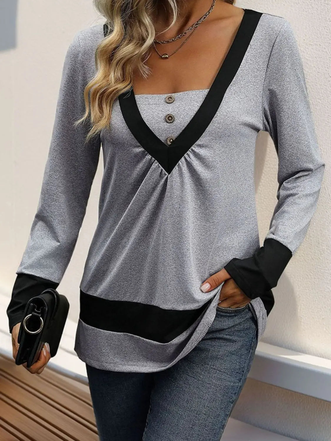 Perfee Contrast Long Sleeve T-Shirt Trendsi