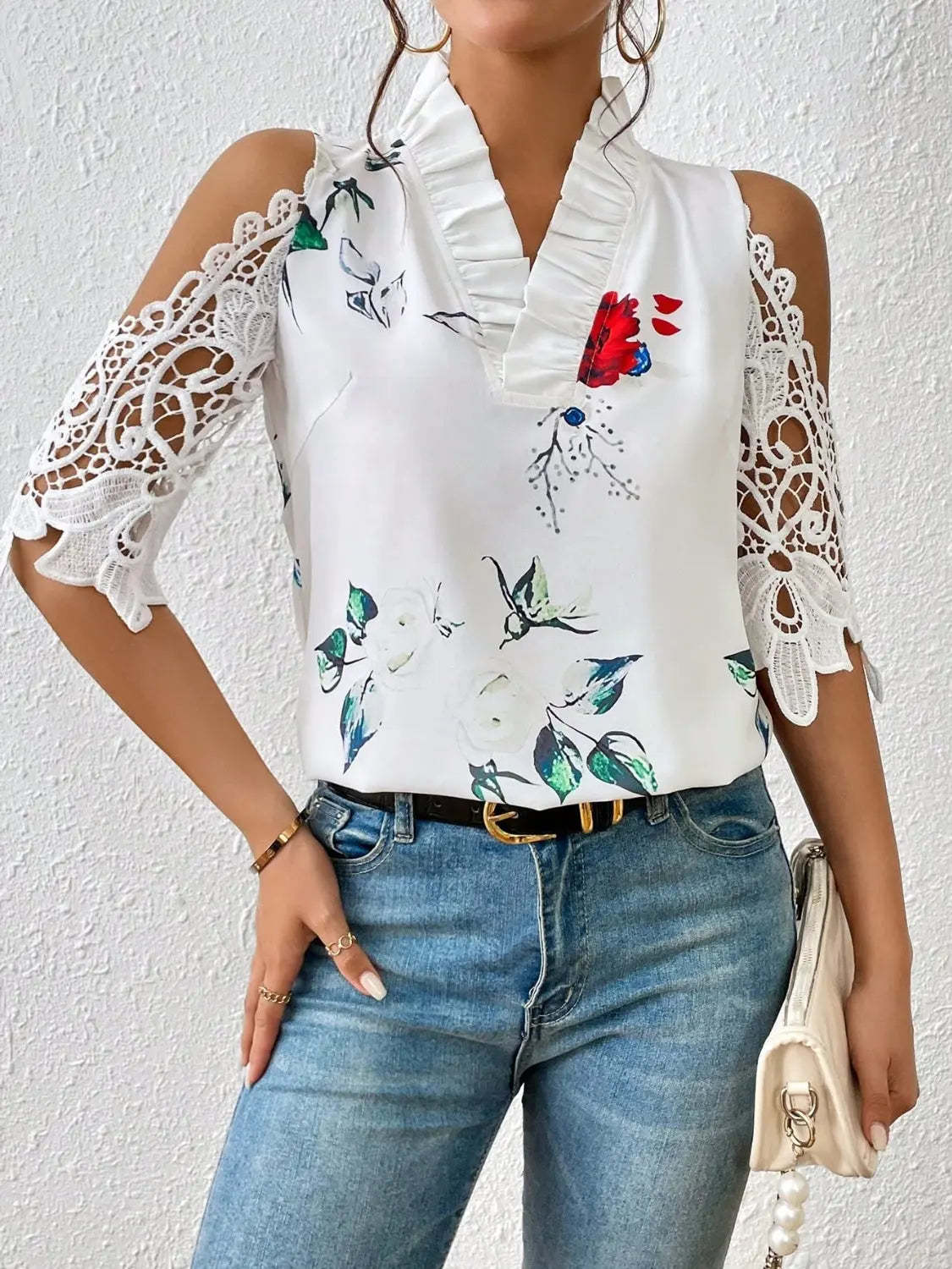 Full Size Lace Printed Half Sleeve Blouse - GlossiChic Collection White / S GlossiChic Collection Shirts & Tops