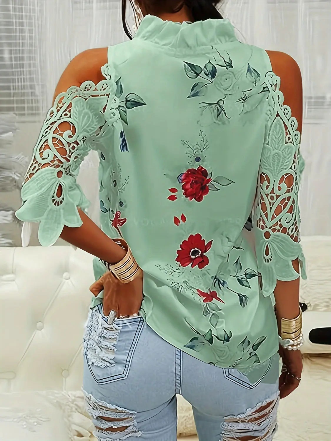 Full Size Lace Printed Half Sleeve Blouse - GlossiChic Collection White / S GlossiChic Collection Shirts & Tops