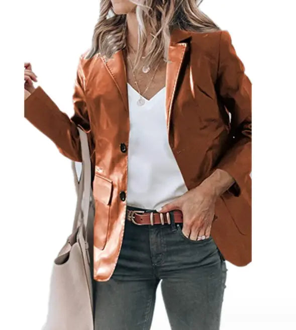 Lapel Single Breasted Solid Color PU Leather Coat GlossiChic Collection