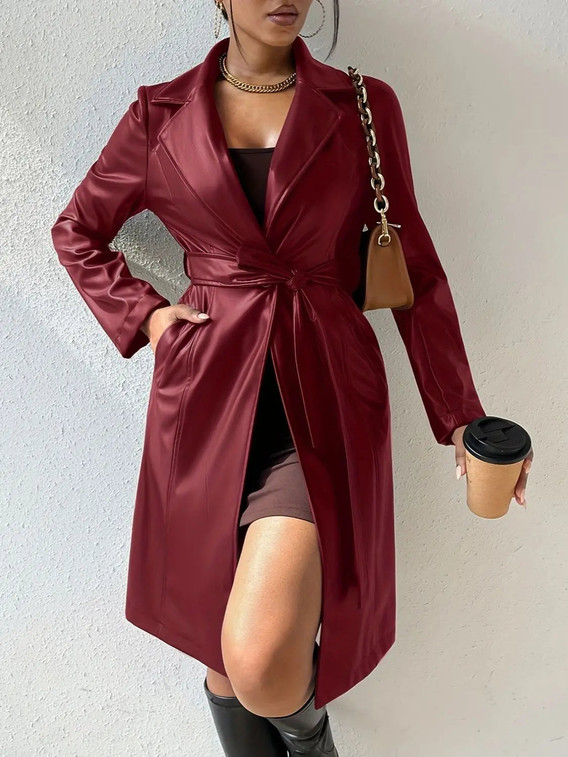 Tied PU Leather Long Sleeve Trench Coat GlossiChic Collection