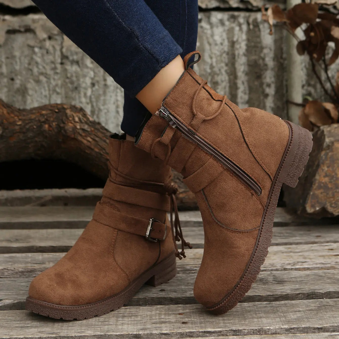 Suede Side Zip Round Toe Boots Trendsi