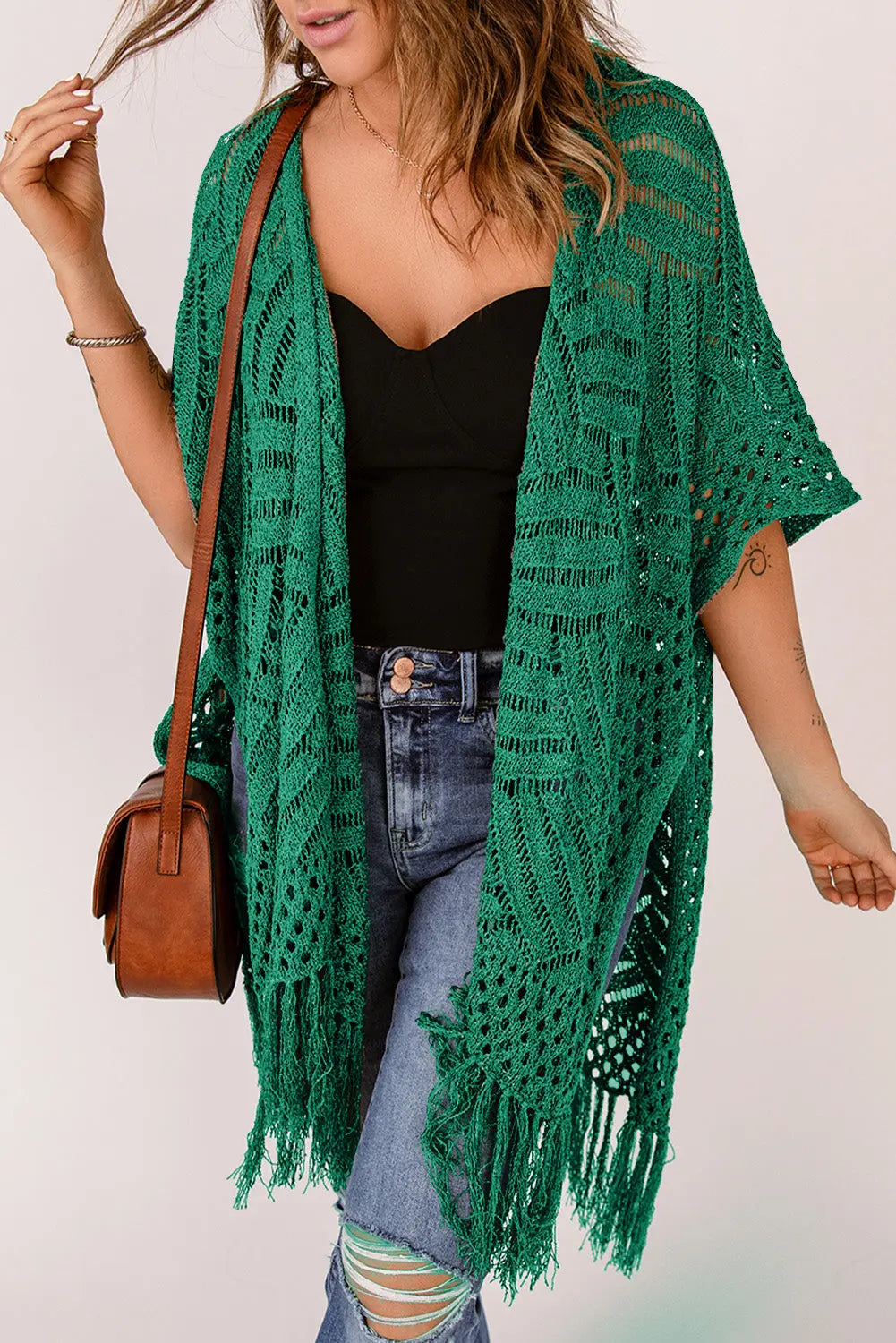 Openwork Open Front Cardigan with Fringes Trendsi