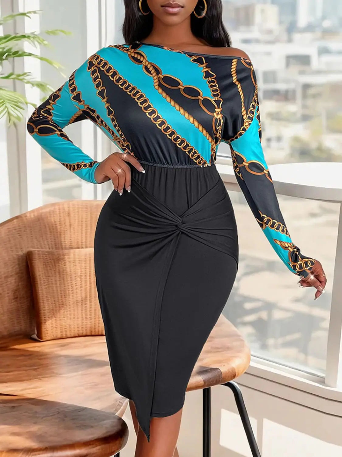 Perfee Twisted Printed Long Sleeve Dress Trendsi