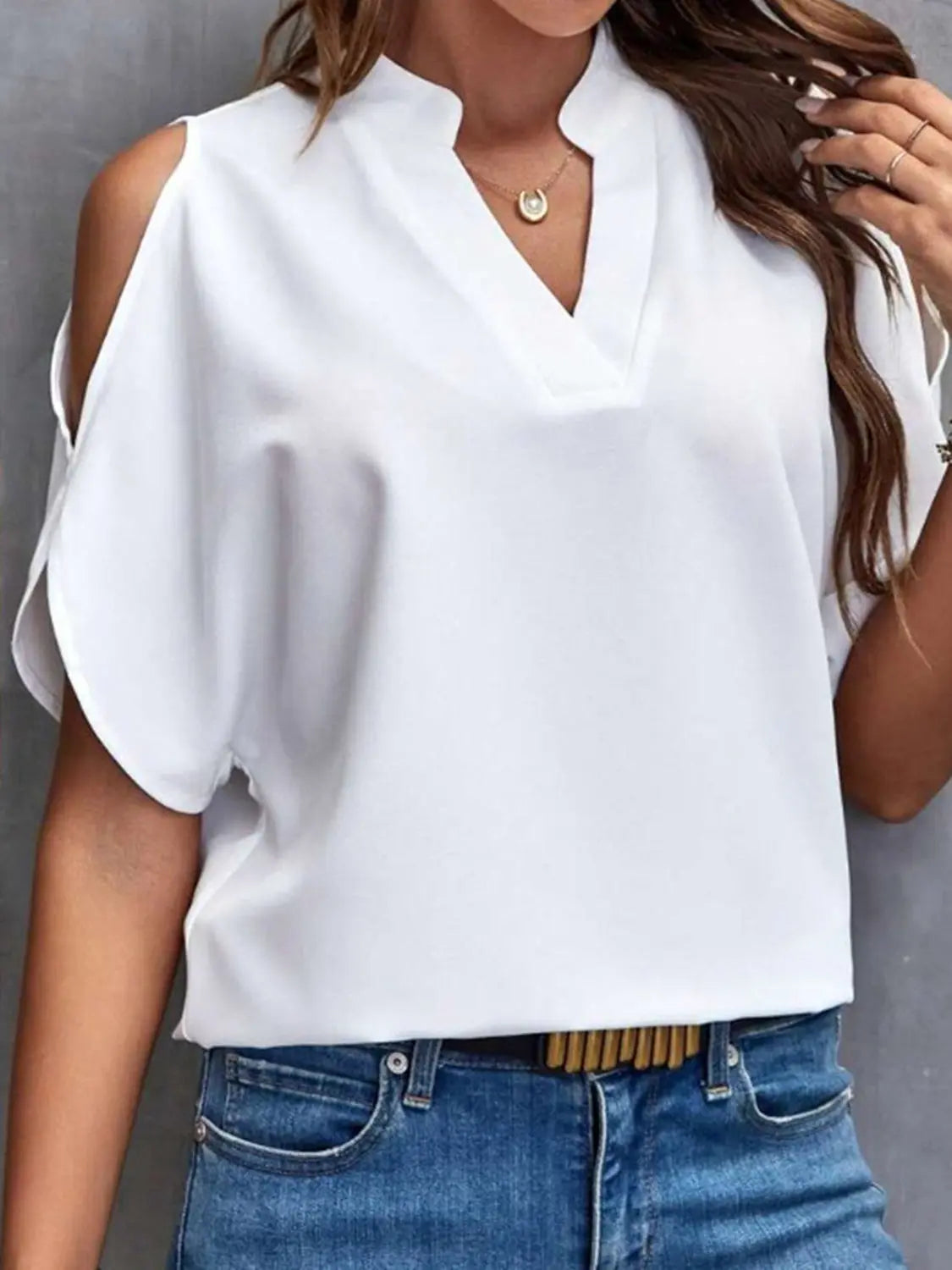 Notched Cold Shoulder Half Sleeve Blouse - GlossiChic Collection White / S GlossiChic Collection Shirts & Tops