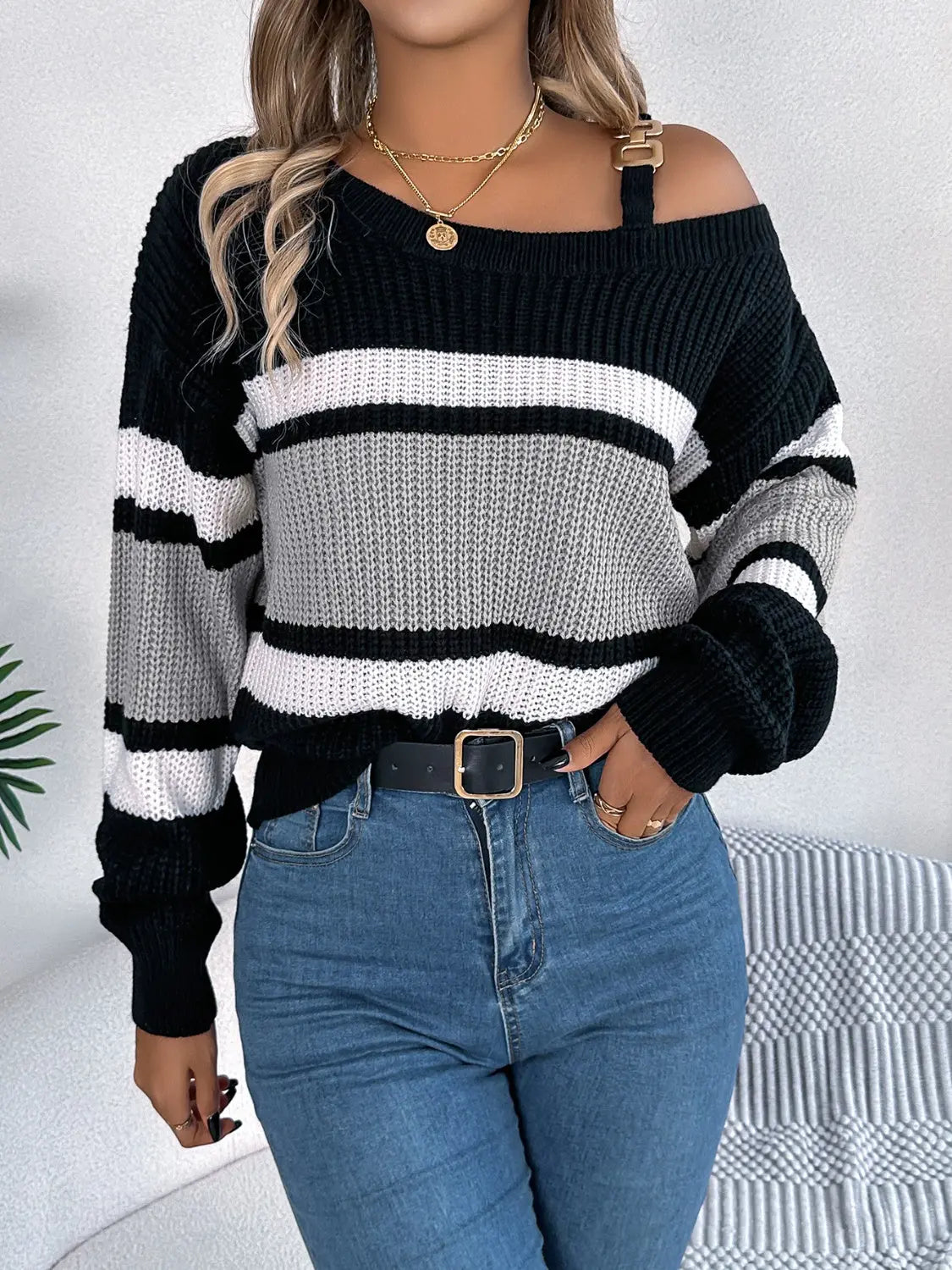 Color Block Asymmetrical Neck Long Sleeve Sweater Trendsi