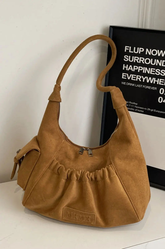 Ruched Suede Handbag with Zipper Trendsi