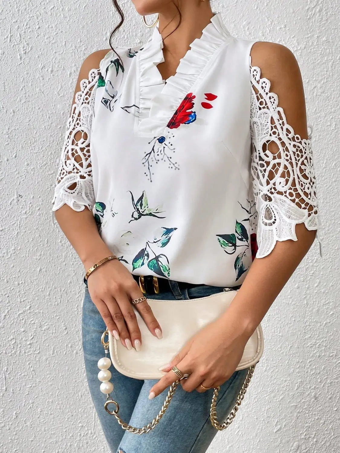 Full Size Lace Printed Half Sleeve Blouse - GlossiChic Collection White / S GlossiChic Collection Shirts & Tops