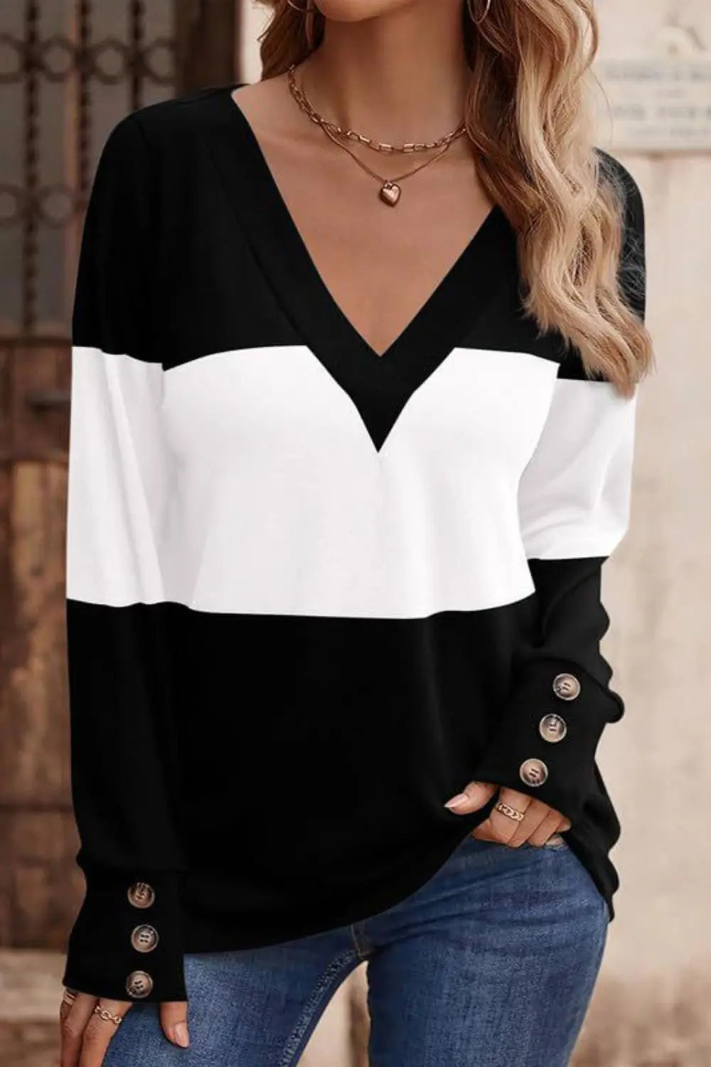 Decorative Button Contrast V-Neck Long Sleeve T-Shirt Trendsi