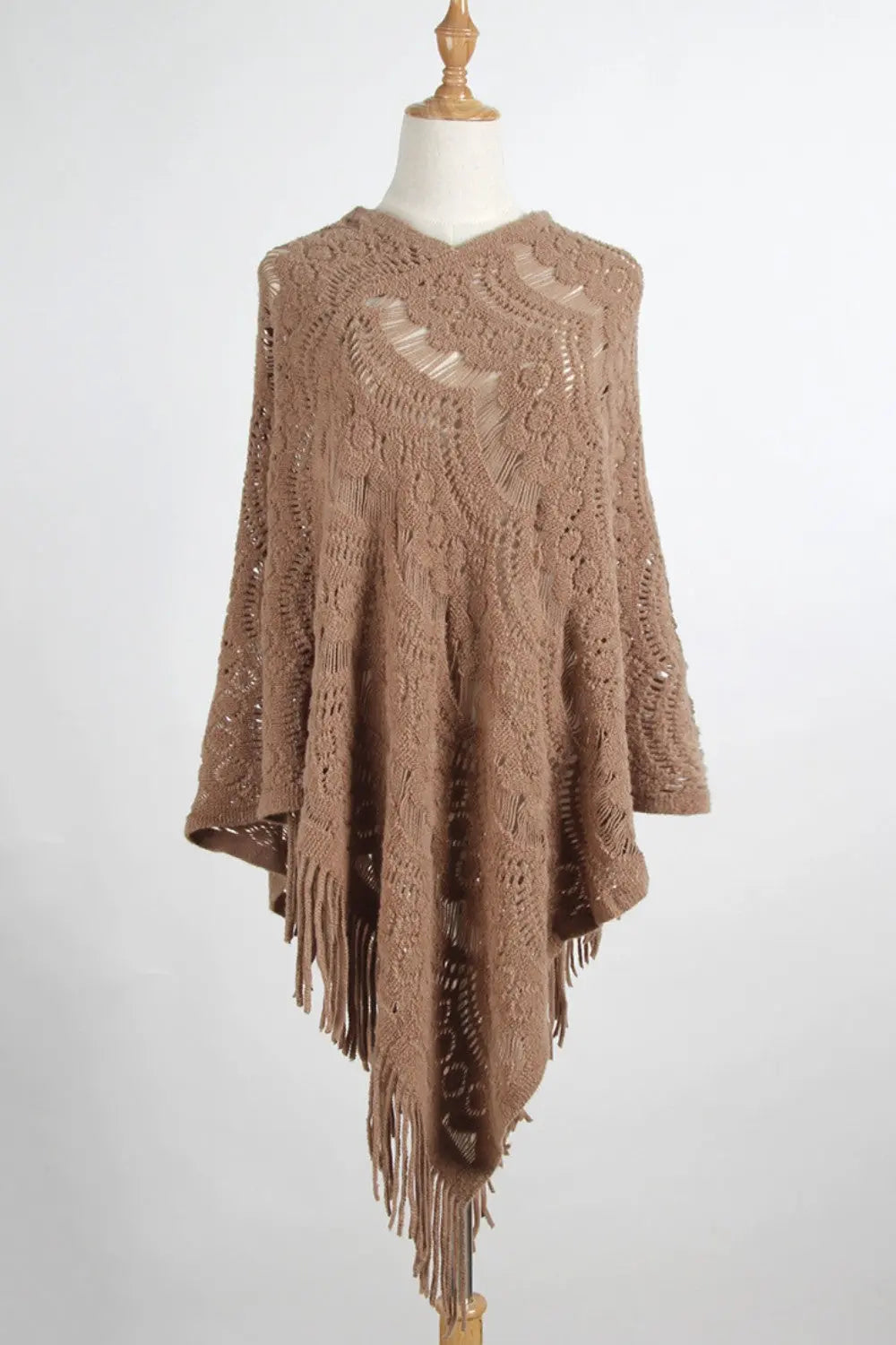 Fringe Openwork Surplice Cape Sleeve Poncho Trendsi