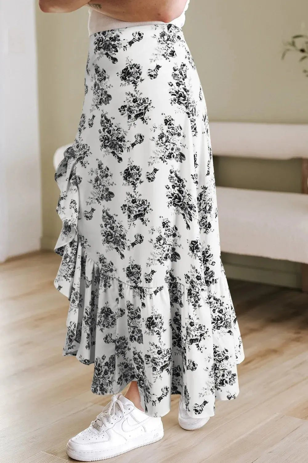 Floral High Waist Ruffle Split Maxi Skirt - GlossiChic CollectionDresses