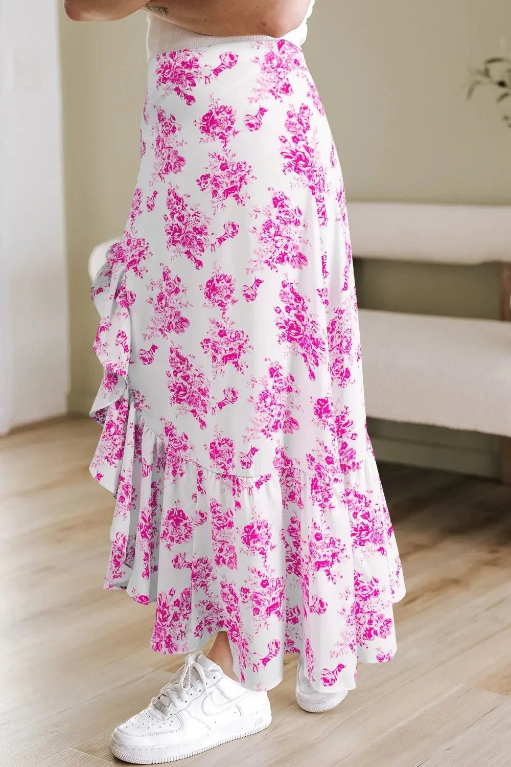 Floral High Waist Ruffle Split Maxi Skirt - GlossiChic CollectionDresses