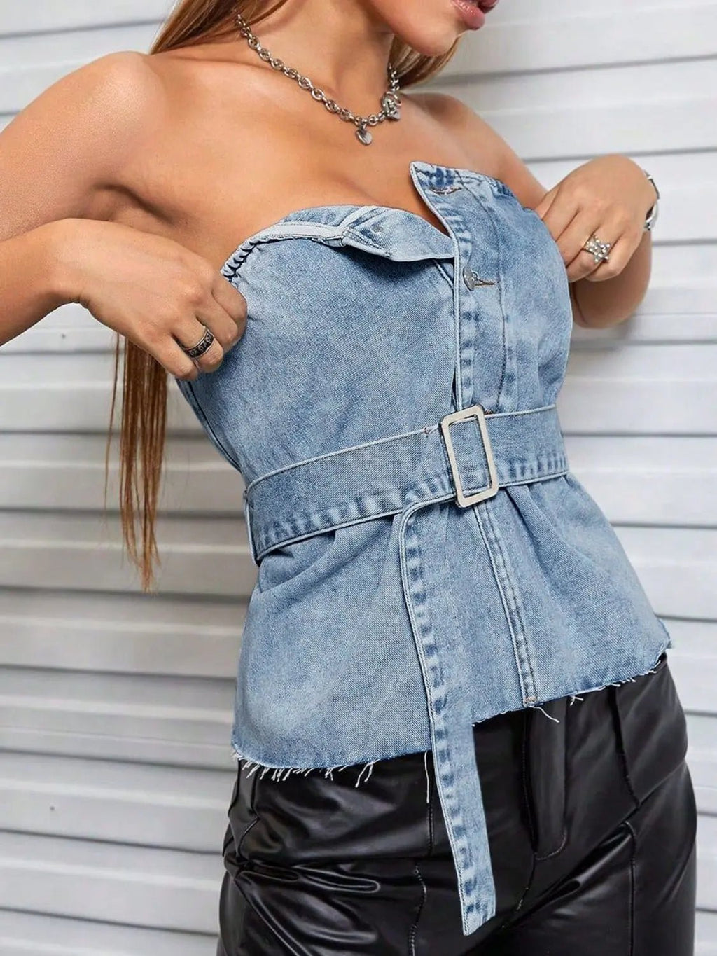 Frayed Hem Button Detail Tube Top - GlossiChic CollectionShirts & Tops