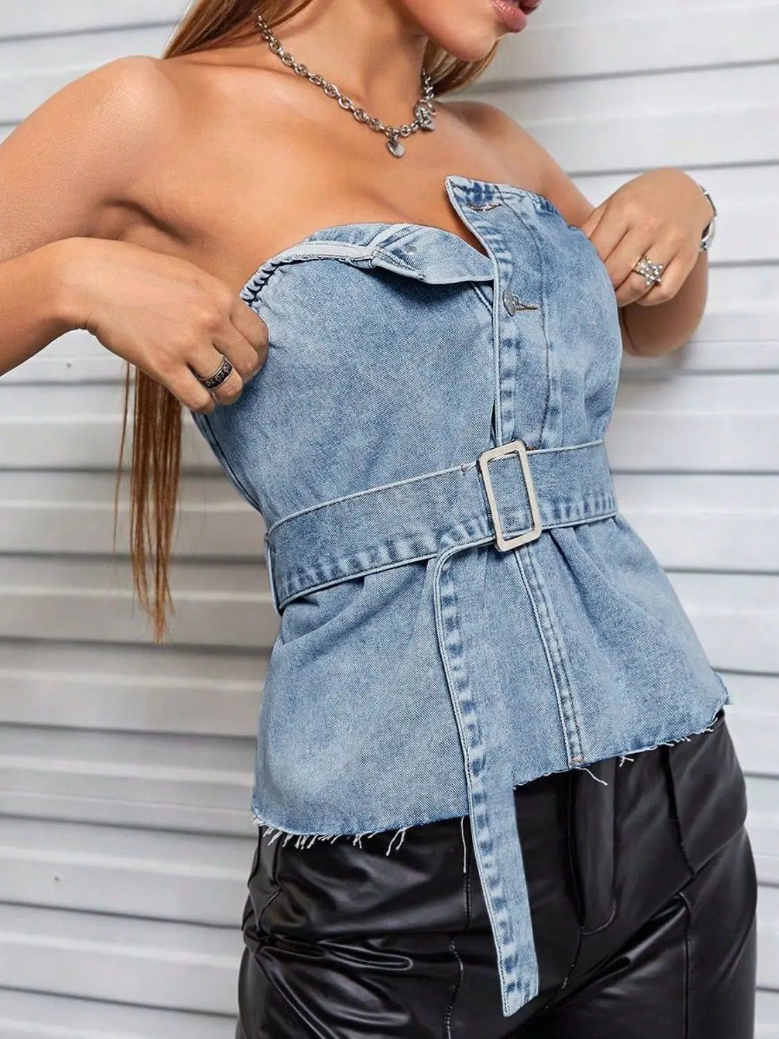 Frayed Hem Button Detail Tube Top - GlossiChic CollectionShirts & Tops