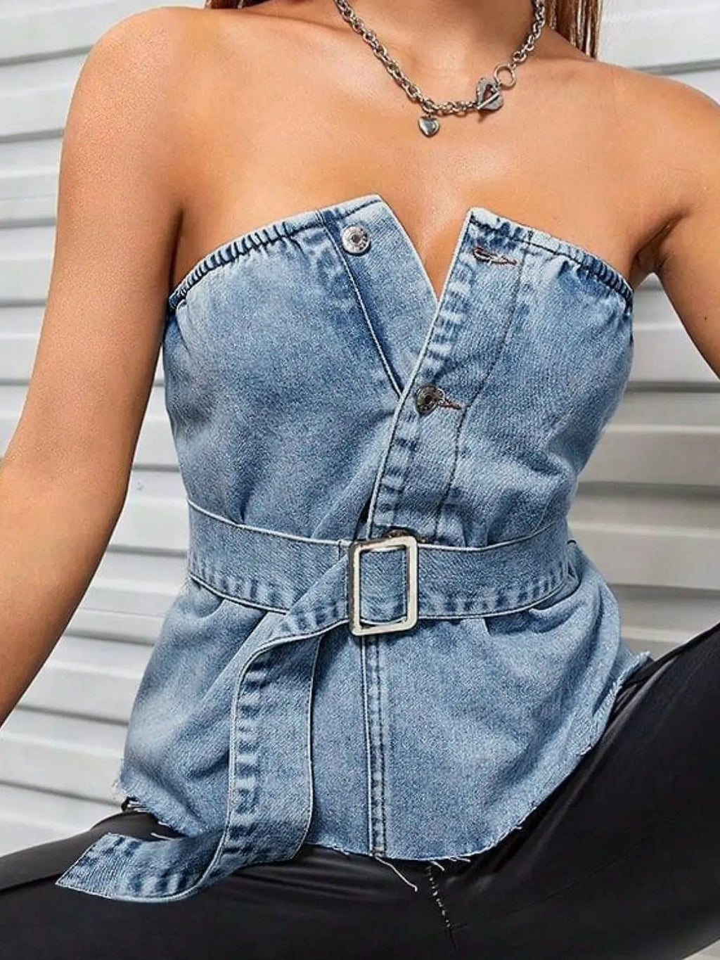Frayed Hem Button Detail Tube Top - GlossiChic CollectionShirts & Tops