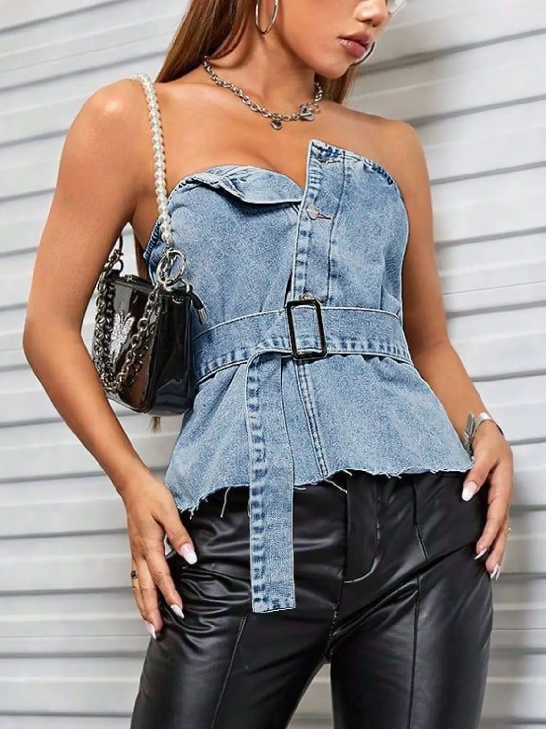 Frayed Hem Button Detail Tube Top - GlossiChic CollectionShirts & Tops