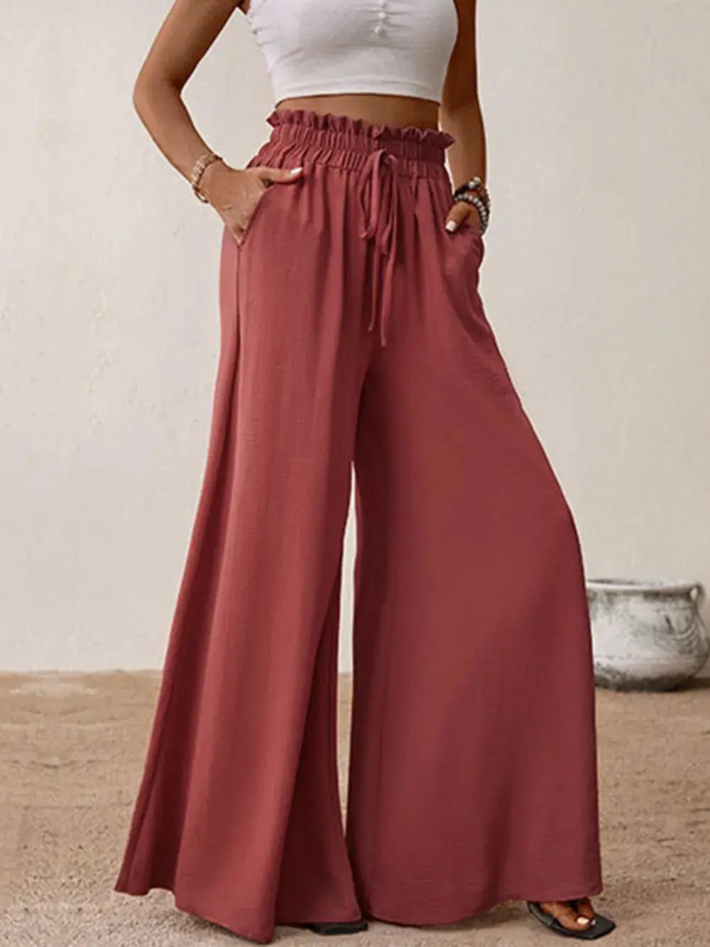 Frill Tied Wide Leg Pants - GlossiChic CollectionJeans, Pants, & Shorts