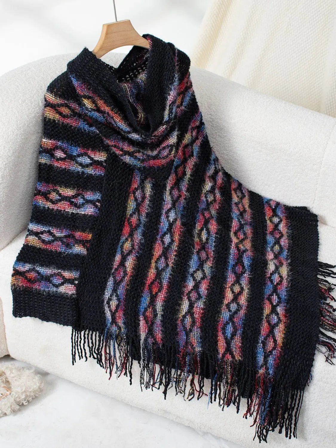 Fringe Contrast Hooded Poncho - GlossiChic CollectionBlazer & Cardigan