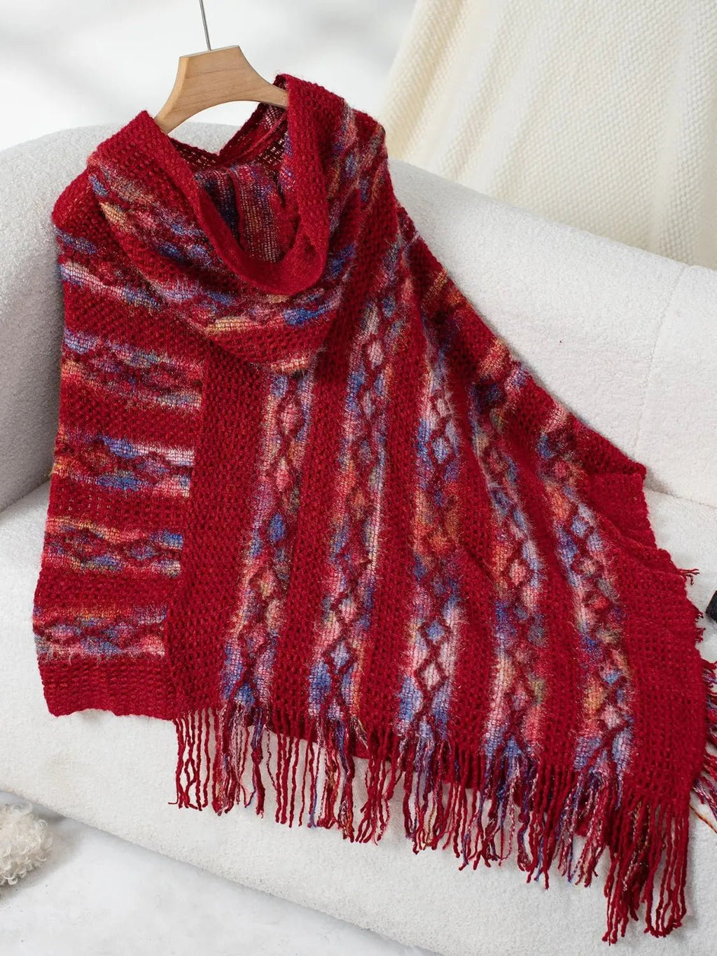 Fringe Contrast Hooded Poncho - GlossiChic CollectionBlazer & Cardigan