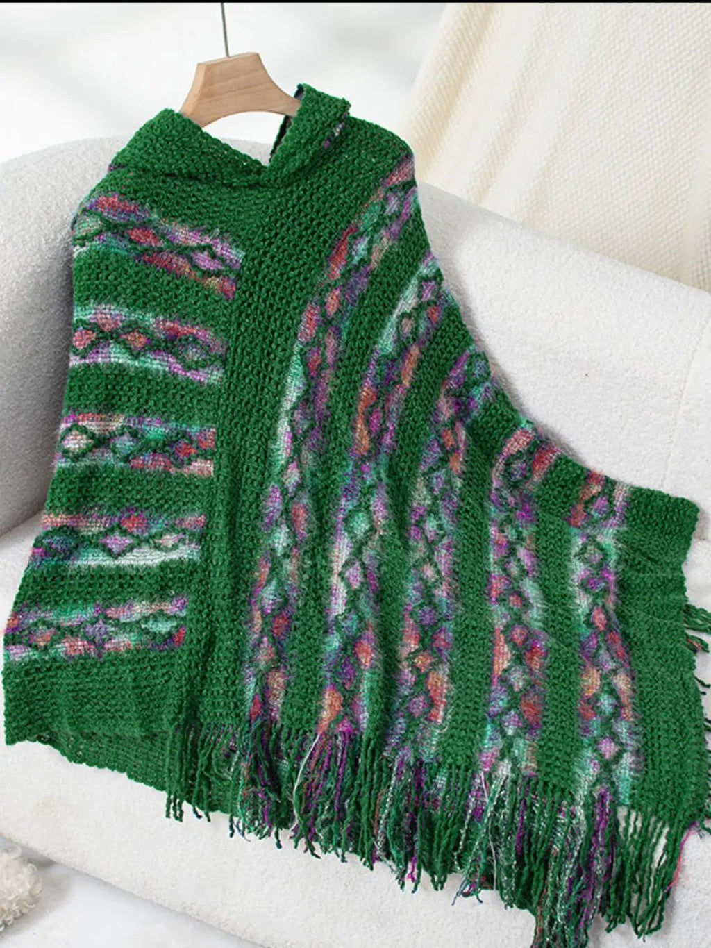 Fringe Contrast Hooded Poncho - GlossiChic CollectionBlazer & Cardigan
