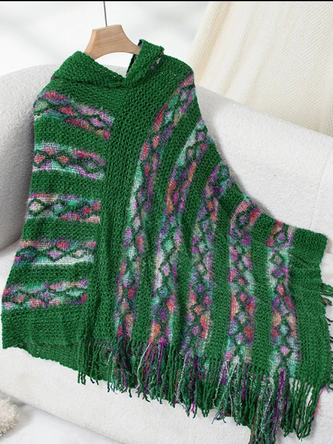 Fringe Contrast Hooded Poncho - GlossiChic CollectionBlazer & Cardigan