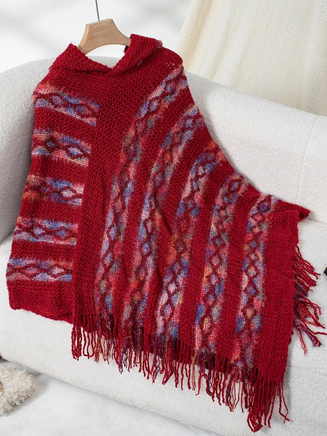 Fringe Contrast Hooded Poncho - GlossiChic CollectionBlazer & Cardigan