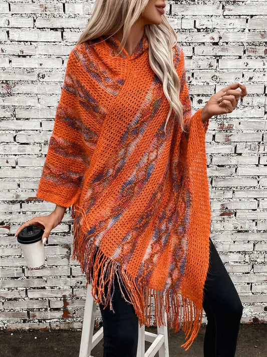 Fringe Contrast Hooded Poncho - GlossiChic CollectionBlazer & Cardigan