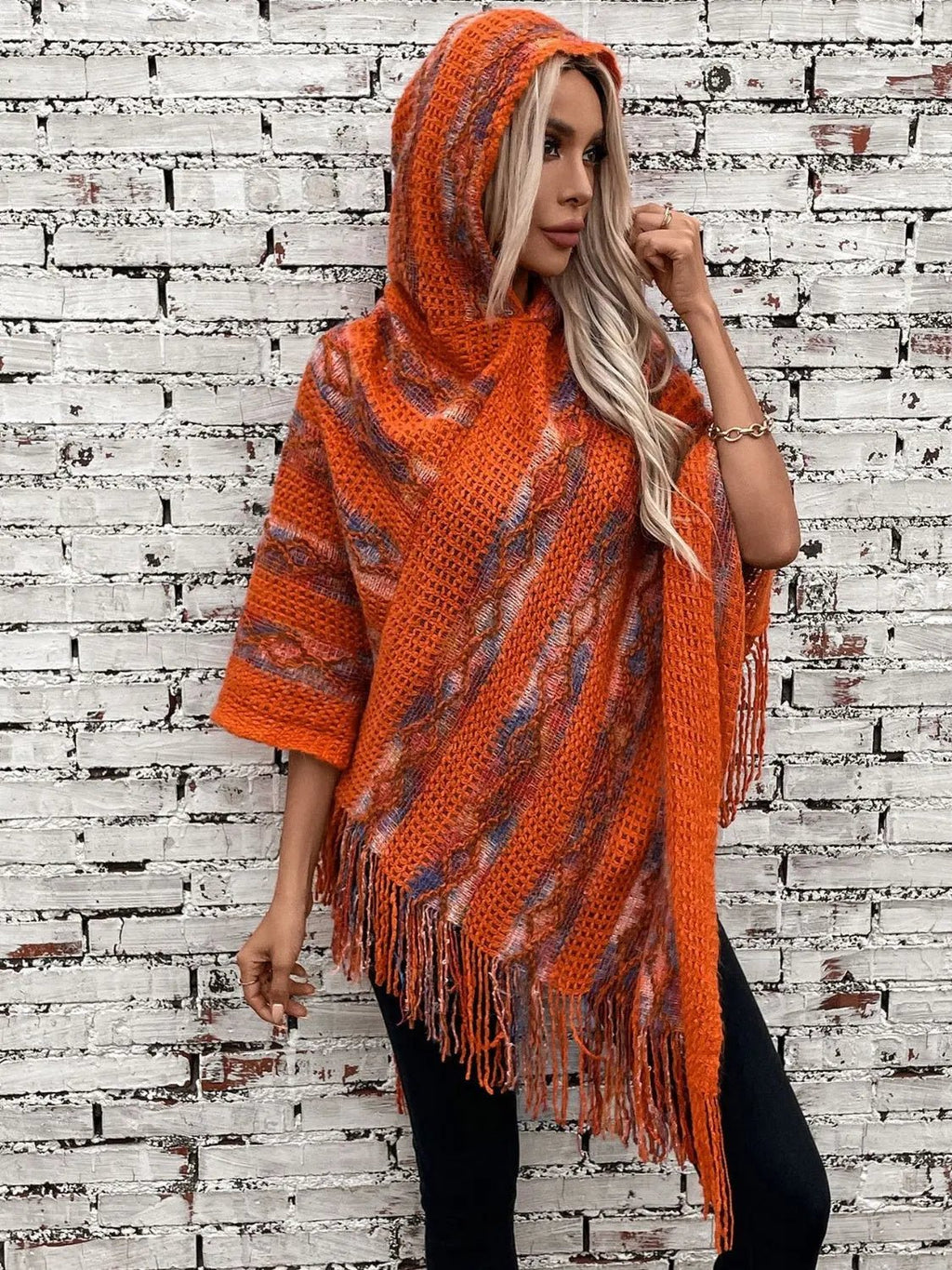 Fringe Contrast Hooded Poncho - GlossiChic CollectionBlazer & Cardigan