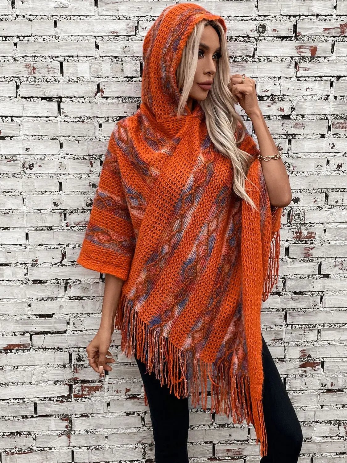 Fringe Contrast Hooded Poncho - GlossiChic CollectionBlazer & Cardigan