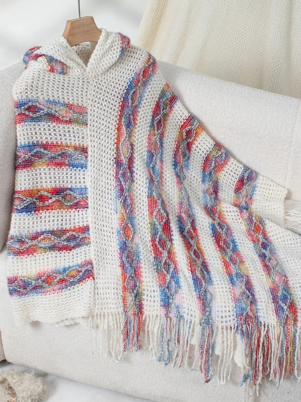 Fringe Contrast Hooded Poncho - GlossiChic CollectionBlazer & Cardigan