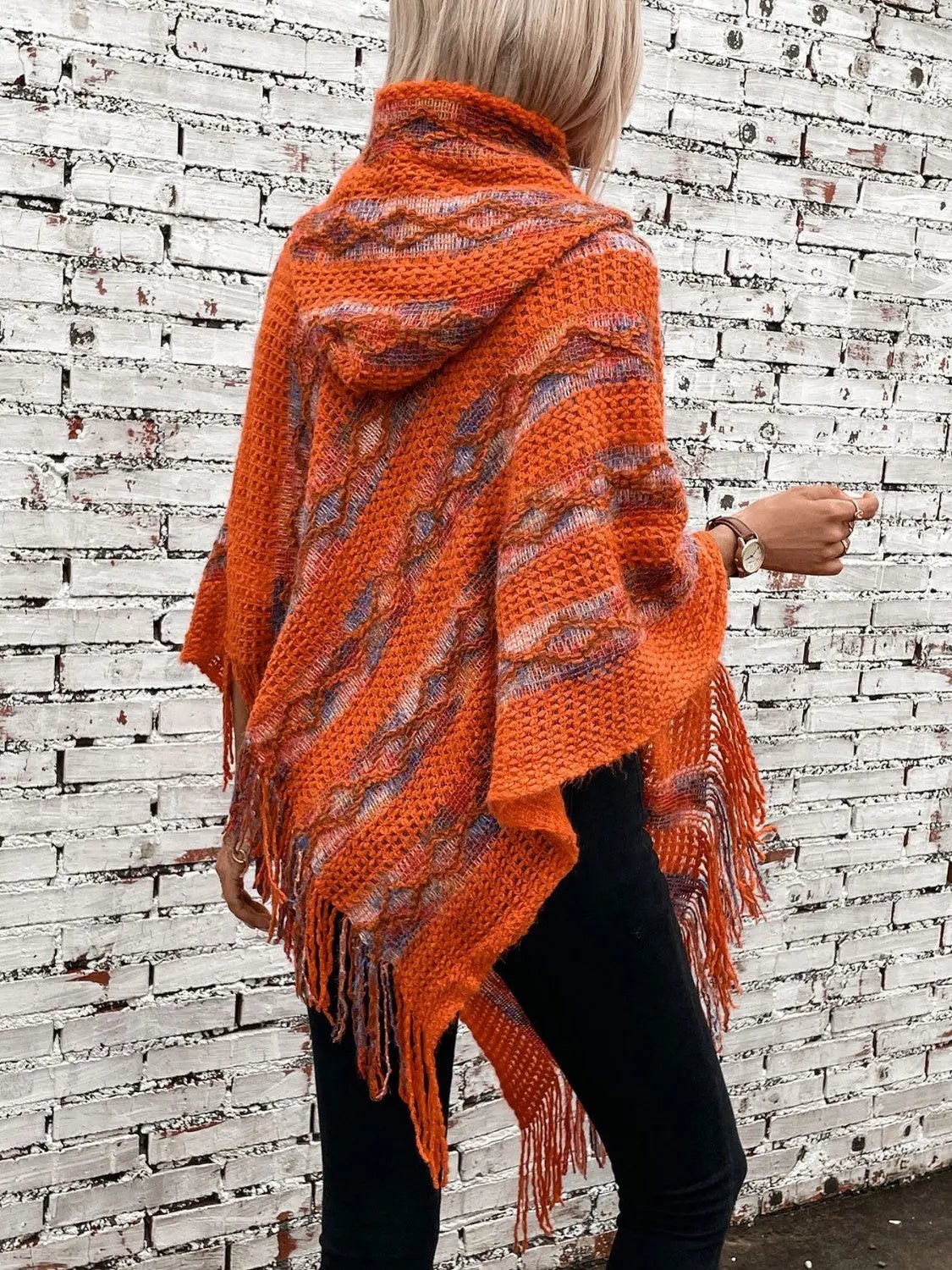 Fringe Contrast Hooded Poncho - GlossiChic CollectionBlazer & Cardigan