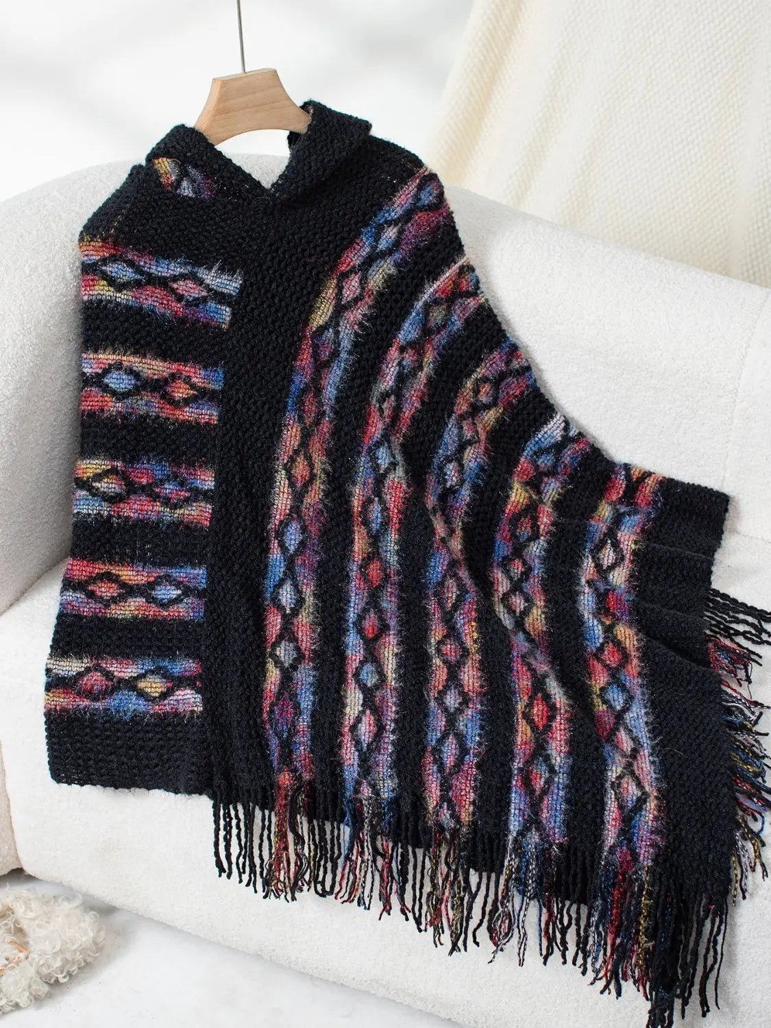Fringe Contrast Hooded Poncho - GlossiChic CollectionBlazer & Cardigan