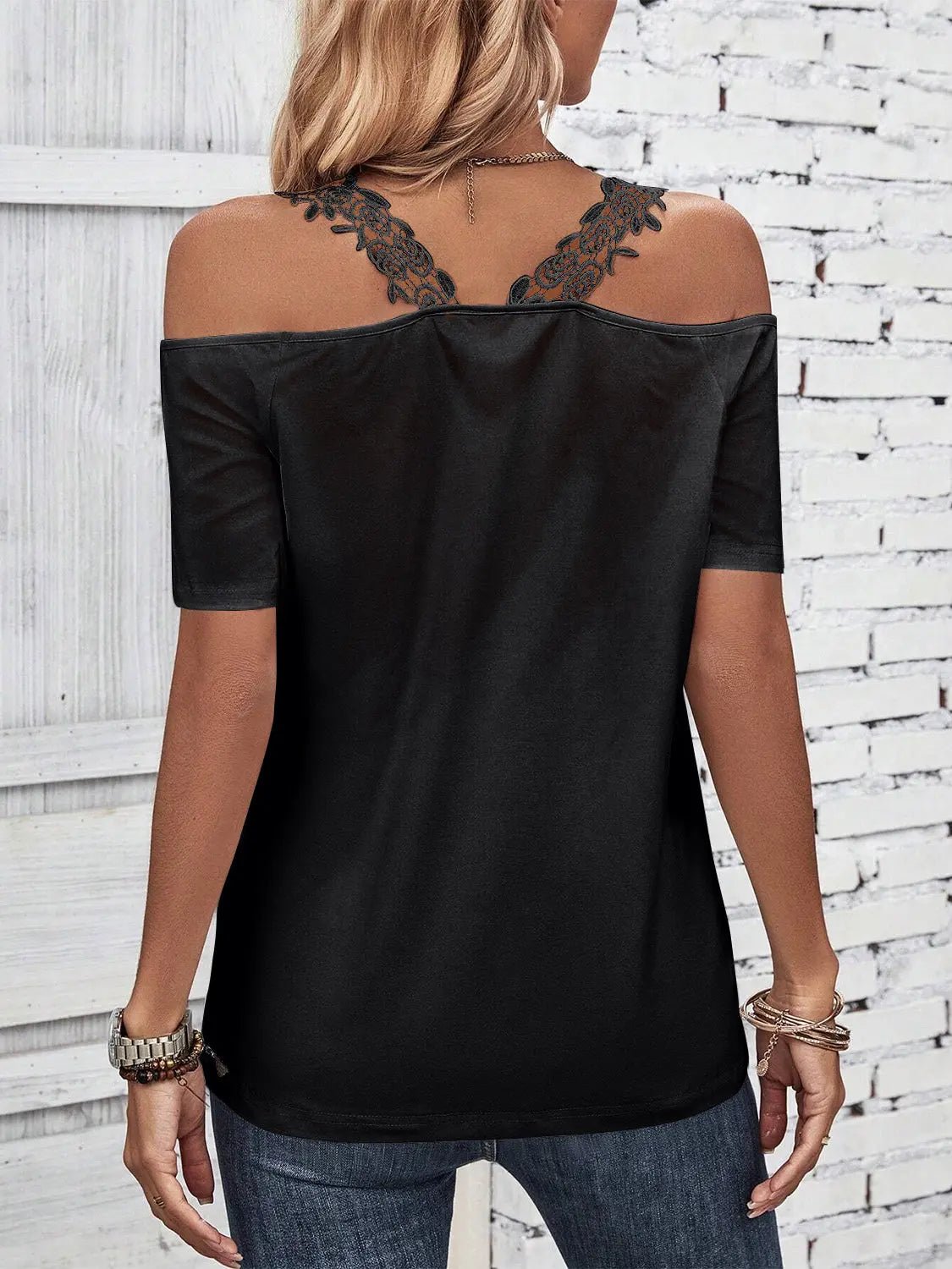 Full Size Lace Detail Short Sleeve T-Shirt - GlossiChic CollectionShirts & Tops