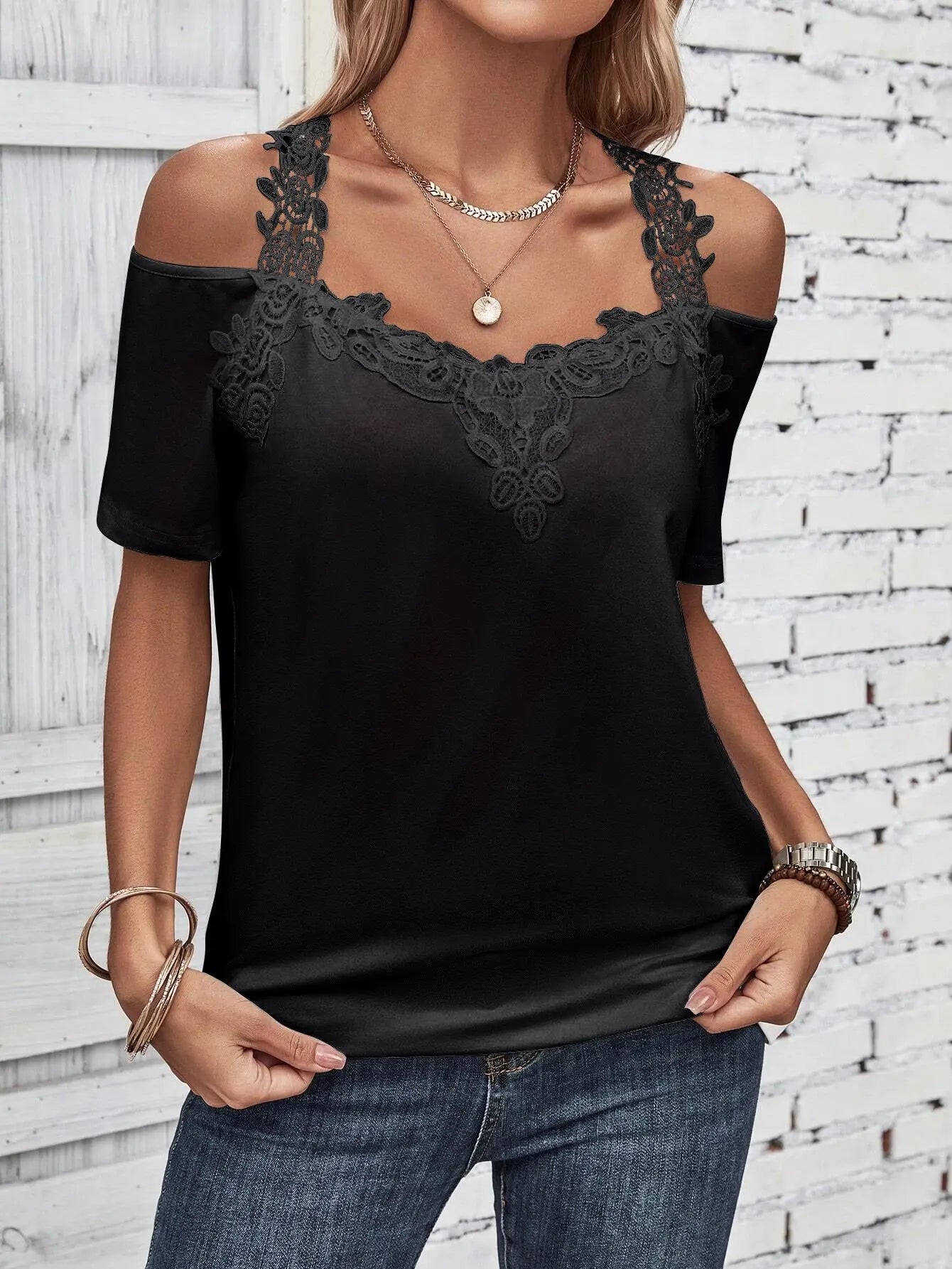 Full Size Lace Detail Short Sleeve T-Shirt - GlossiChic CollectionShirts & Tops