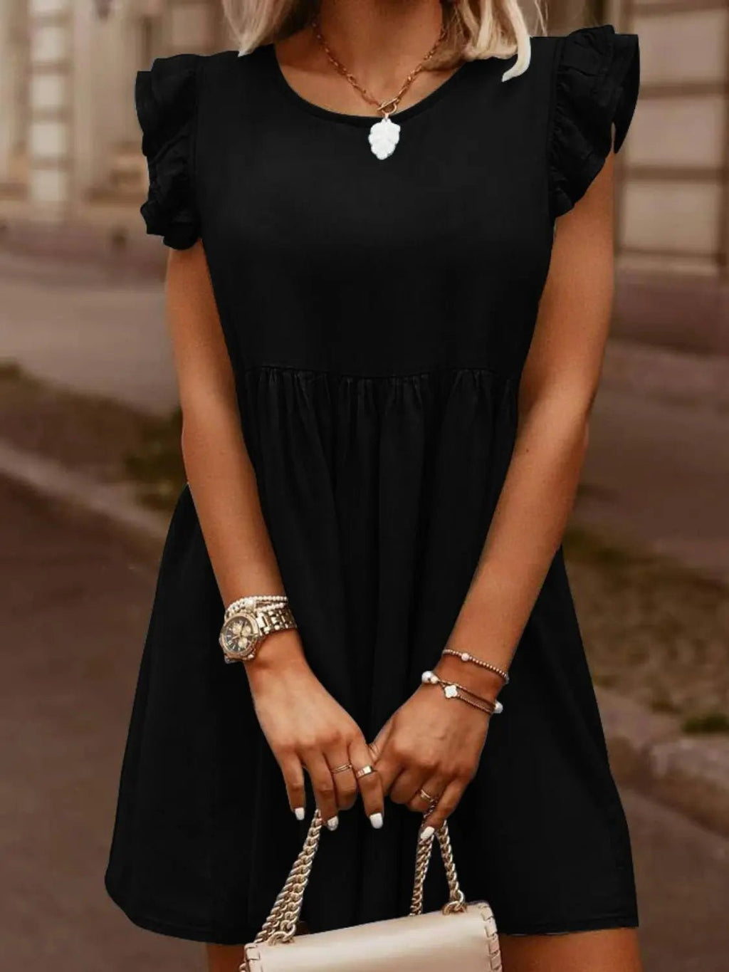 Full Size Ruffled Round Neck Cap Sleeve Denim Dress - GlossiChic CollectionDresses