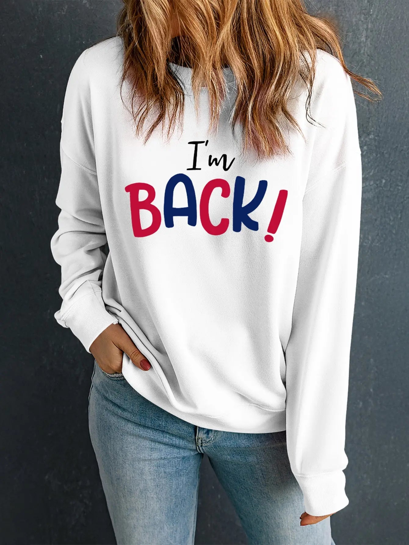 I'M BACK Round Neck Dropped Shoulder Sweatshirt - GlossiChic Collection Navy / S GlossiChic Collection Shirts & Tops
