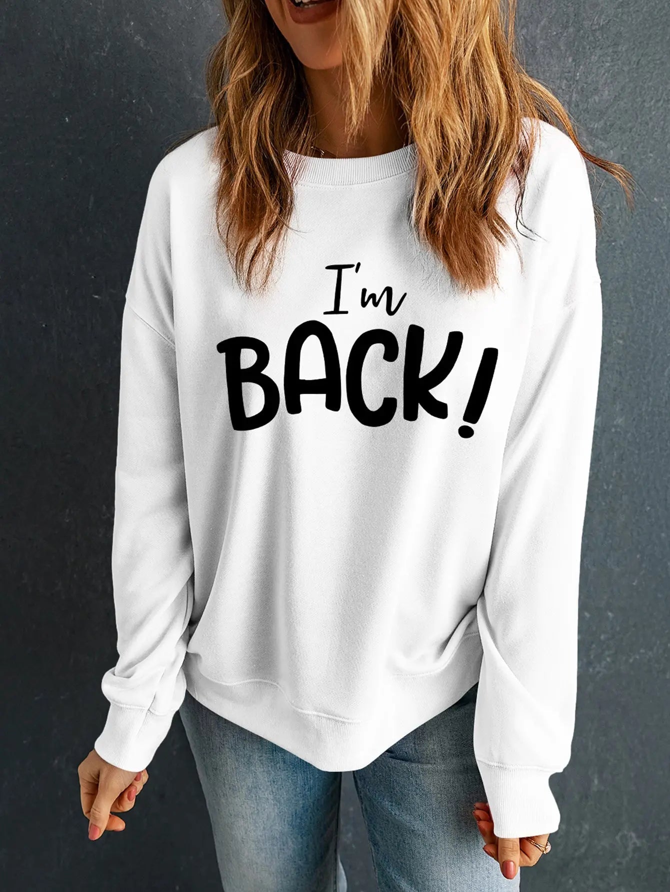 I'M BACK Round Neck Dropped Shoulder Sweatshirt - GlossiChic Collection Navy / S GlossiChic Collection Shirts & Tops