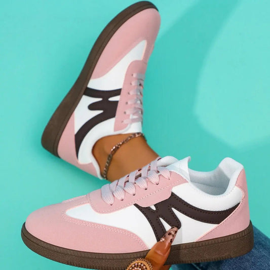 Lace Up Contrast Round Toe Flat Sneakers - GlossiChic CollectionShoes